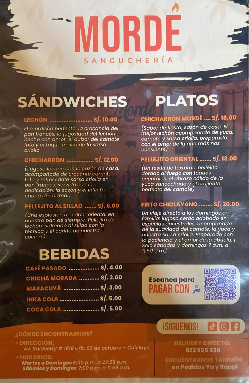 Carta impresa de Mordé Sanguchería